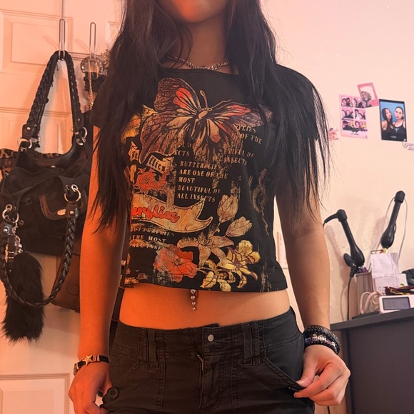 Tops - Black Floral Butterfly Graphic Crop Top